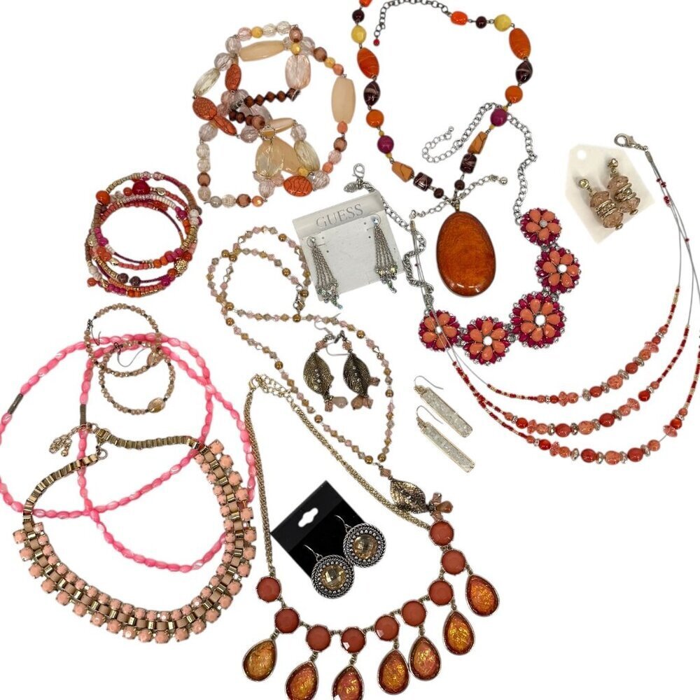 Jewelry Mixed Lot Wearable Earrings Necklace Bracelet Orange Pink Tone Boho - Picture 2 of 16